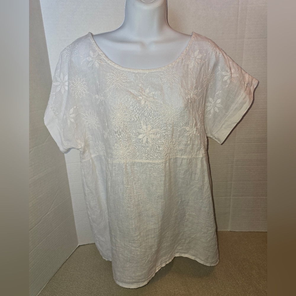 TERZO MILLENNIO Italy 100% Linen Floral White Embroidered Women's Top size L